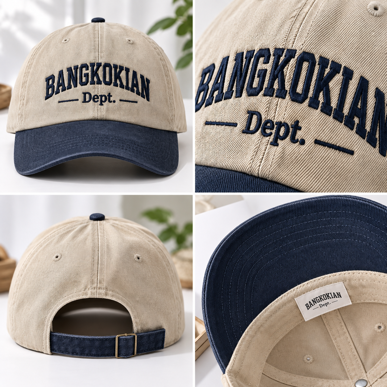 BANGKOKIAN Embroidered Cotton Cap – Beige & Navy