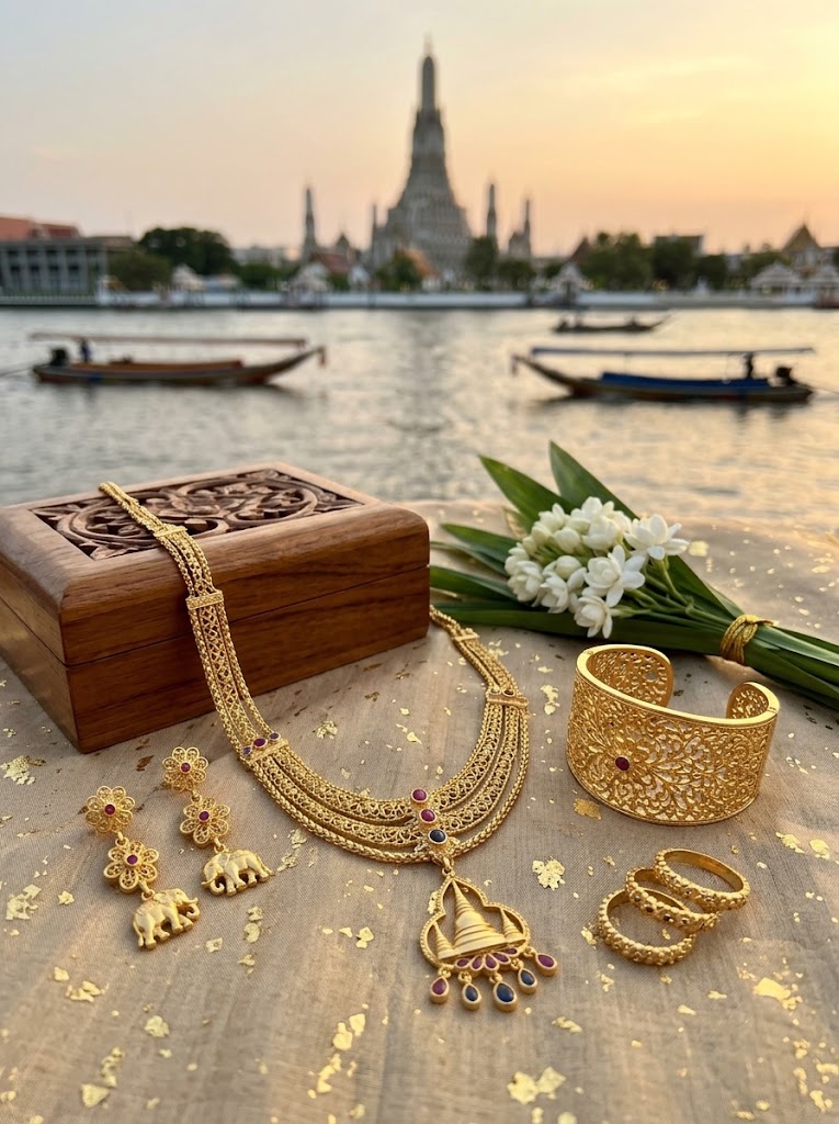 Handcrafted 24K Gold-Plated Royal Thai Heritage Jewelry Set (Necklace, Earrings, Cuff & Rings)