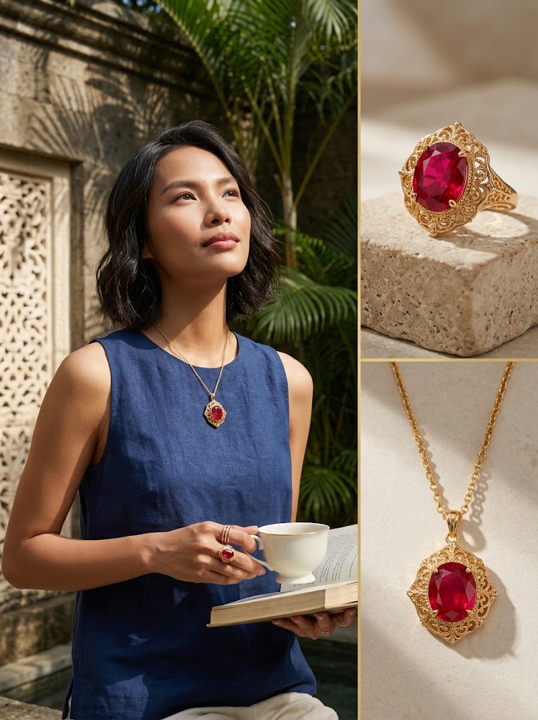 LIORA Artisan Handcrafted Hydrothermal Pigeon Blood Ruby Jewelry Set (18K Gold Vermeil Heritage Ring & Pendant)