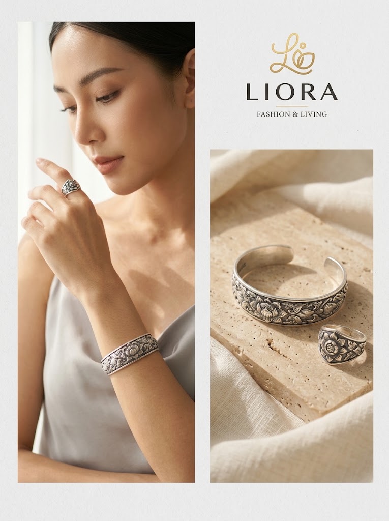 LIORA Authentic Handcrafted 925 Sterling Silver Lotus Cuff Bangle & Statement Ring (Chiang Mai Artisan Jewelry)