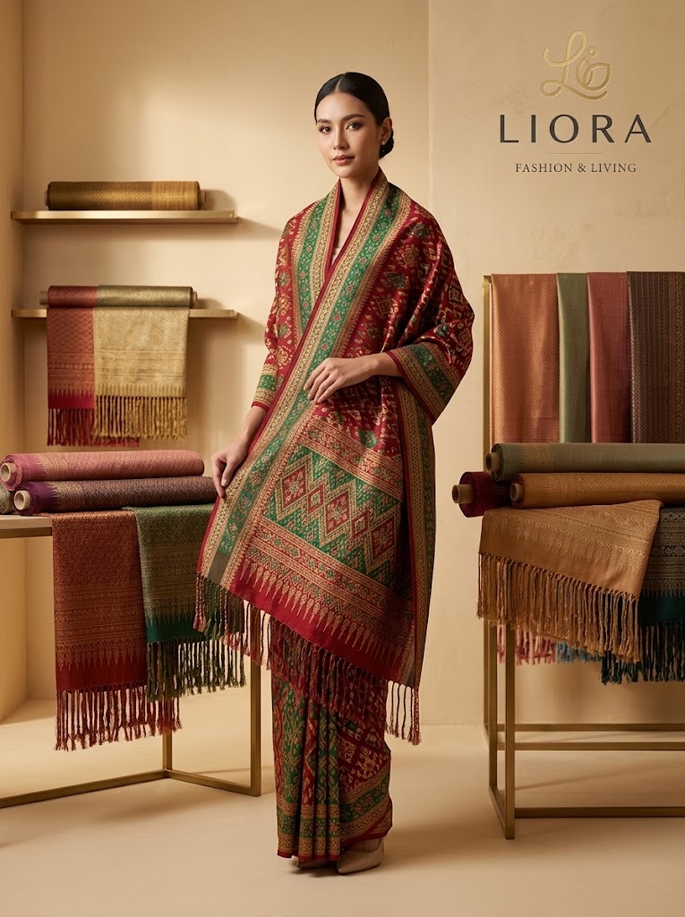 LIORA Authentic Handwoven Thai Mudmee Silk Fabric & Luxury Shawl (100% Pure Mulberry Silk)