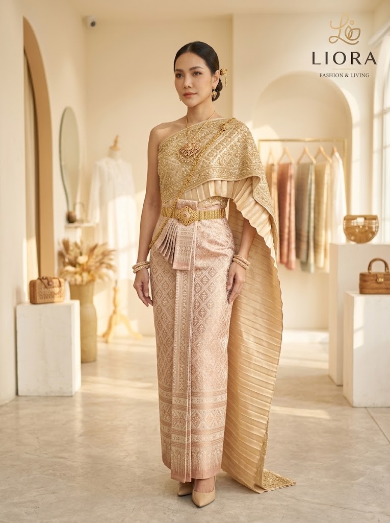 LIORA Authentic Handwoven Thai Traditional Costume Set (Chut Thai Silk Brocade with Sabai)