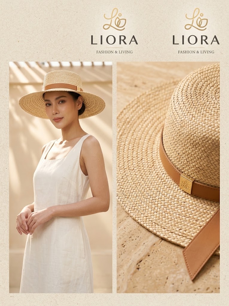 LIORA Handcrafted Natural Straw Sun Hat with Genuine Leather Band (Resort Lifestyle Panama / Boater Hat)