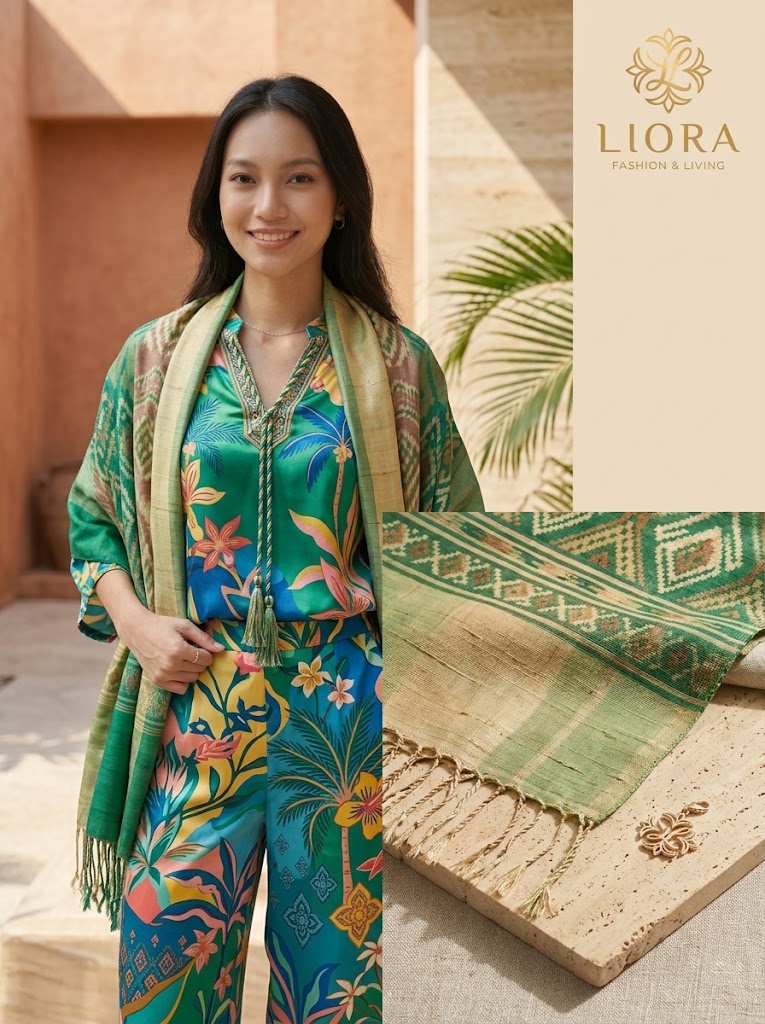 LIORA Handwoven 100% Pure Thai Raw Silk Shawl Scarf (Traditional Mudmee Ikat Resort Wrap)