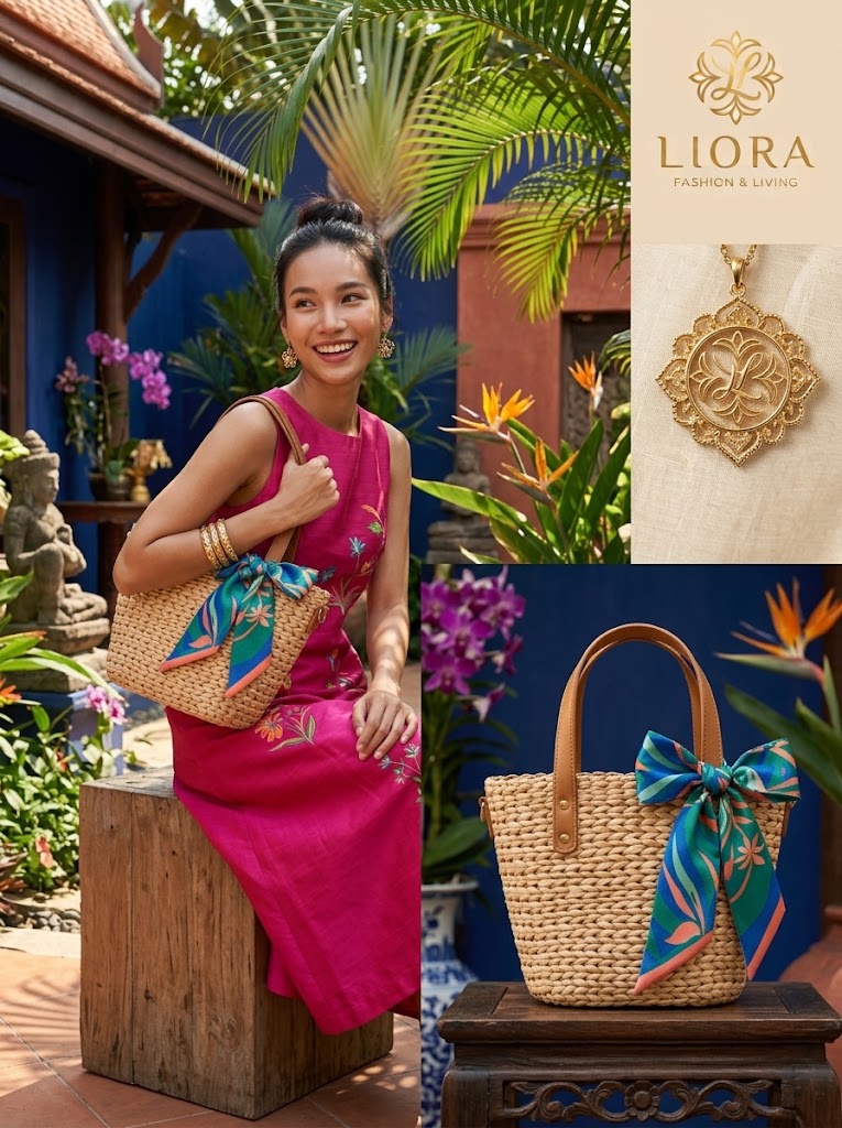 LIORA Handwoven Water Hyacinth Resort Tote Bag (Genuine Saddle Leather Trim & Thai Silk Ribbon Accent)