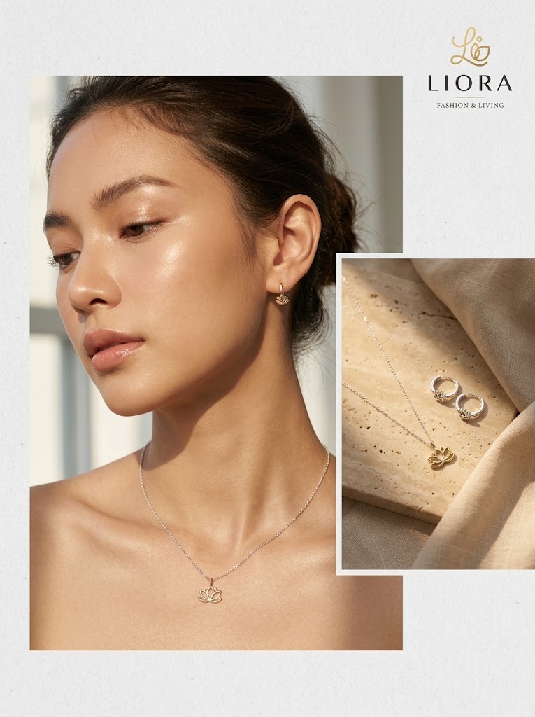 LIORA Minimalist Dainty Lotus Pendant Necklace & Huggie Earrings Set (925 Sterling Silver / 18K Gold Plated)