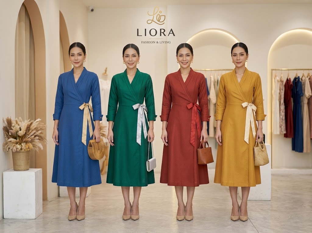 LIORA Premium Thai Silk Cotton Wrap Dress - Modern Elegant Midi Dress