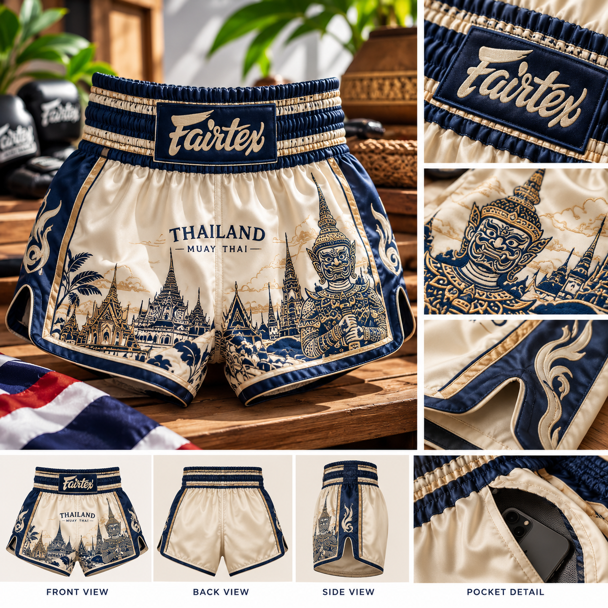 Thailand Muay Thai Streetwear Shorts – Beige & Navy