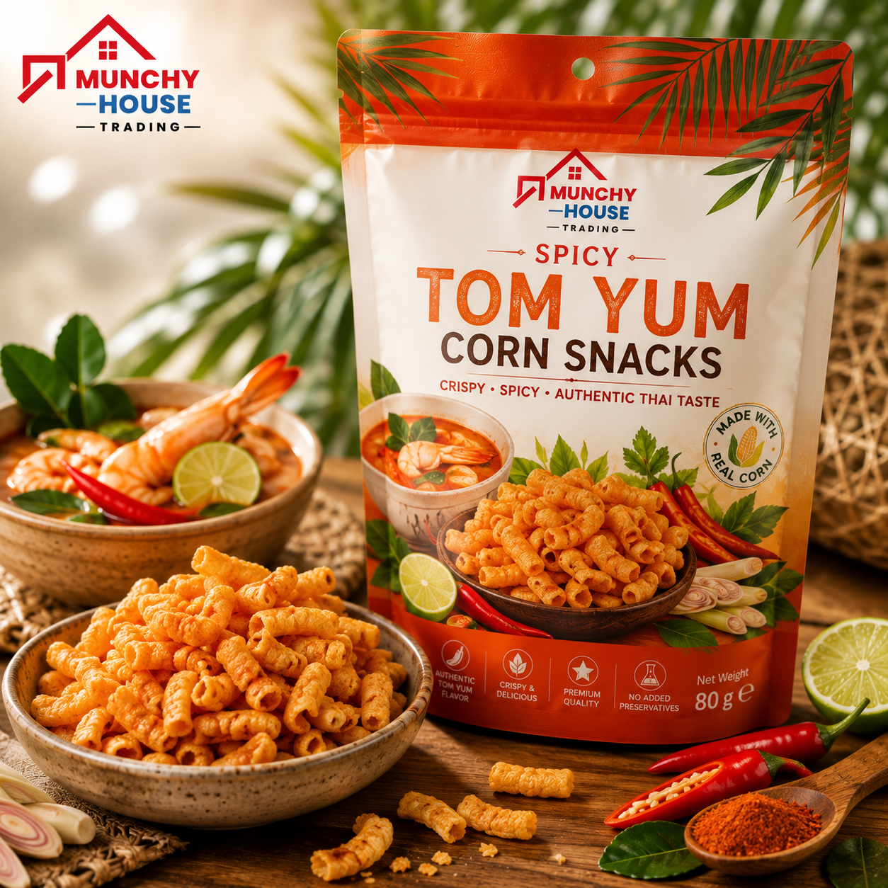 Munchy House Trading Premium Spicy Tom Yum Corn Snacks