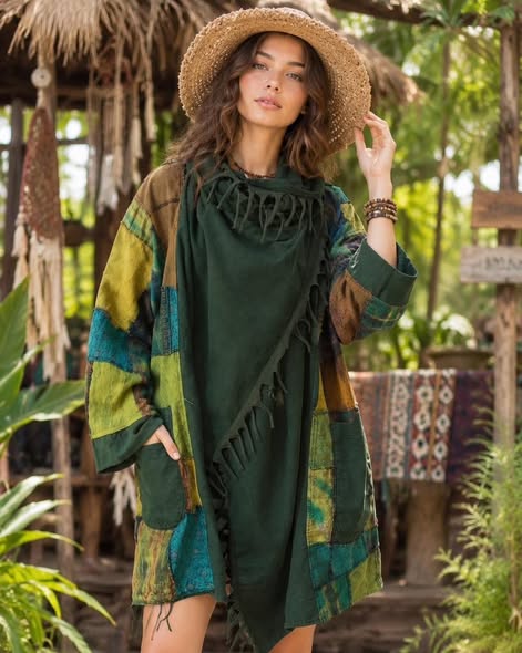 Patchwork Hooded Fringe Kimono Jacket