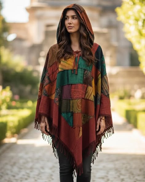 Patchwork Hooded Poncho Cape with Fringe