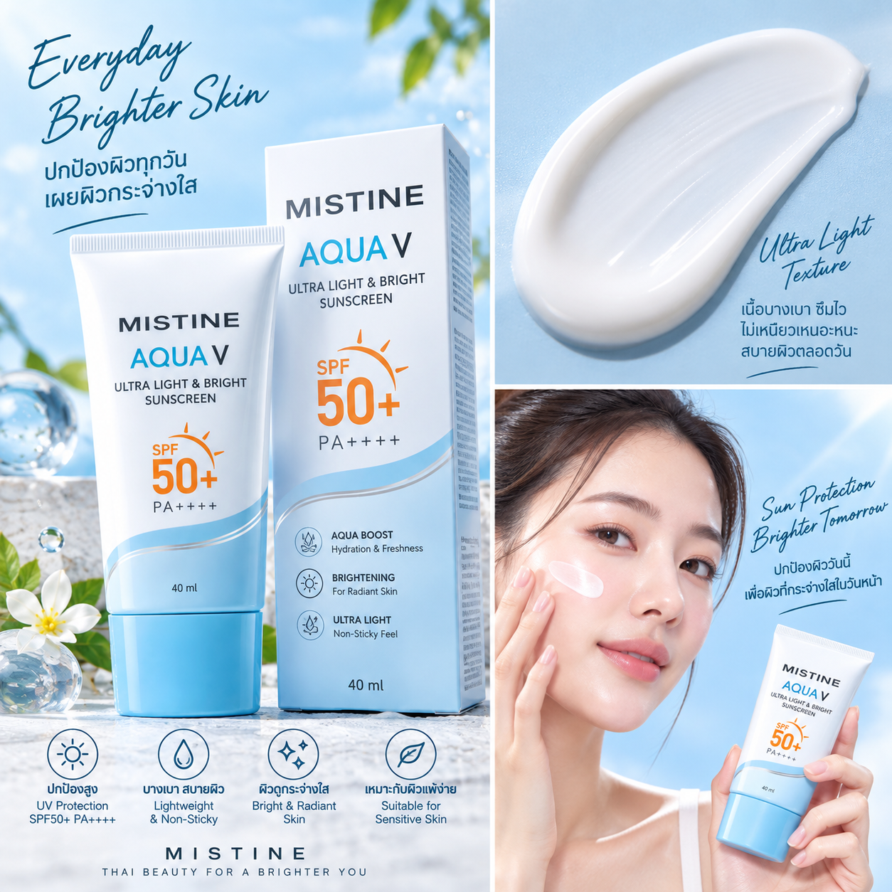 MISTINE Aqua V Ultra Light & Bright Sunscreen SPF50+ PA++++ 40ml
