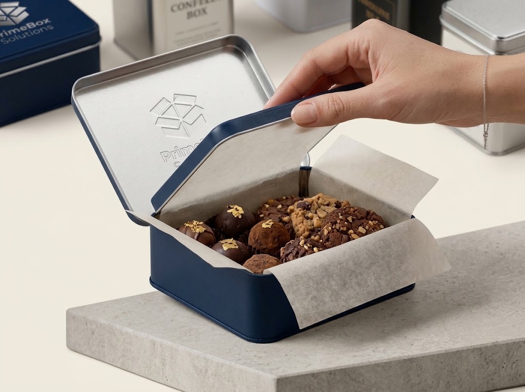 Custom Embossed Food-Grade Metal Tinplate Packaging Box with Hinged Lid for Tea & Confectionery