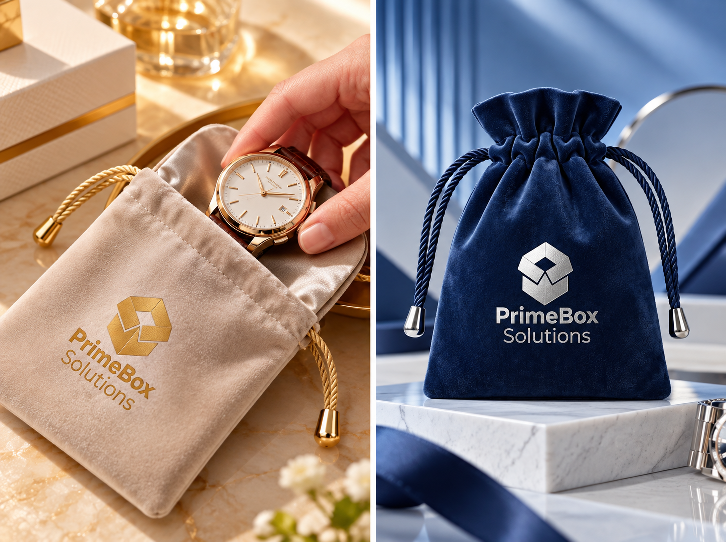 Custom Luxury Velvet Drawstring Pouch with Silver Foil Logo for Jewelry & Cosmetics