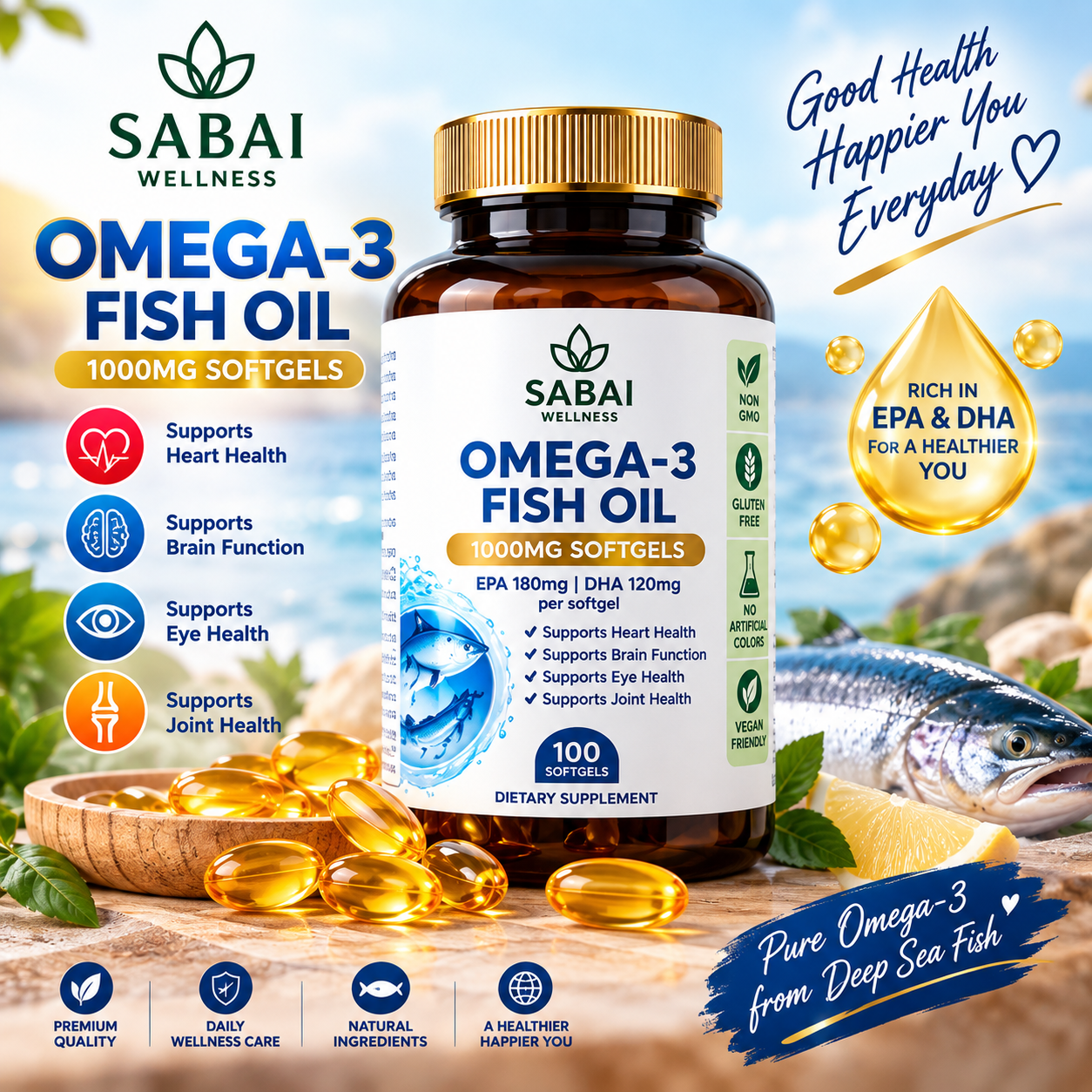 SABAI WELLNESS Omega-3 Fish Oil 1000mg Softgels