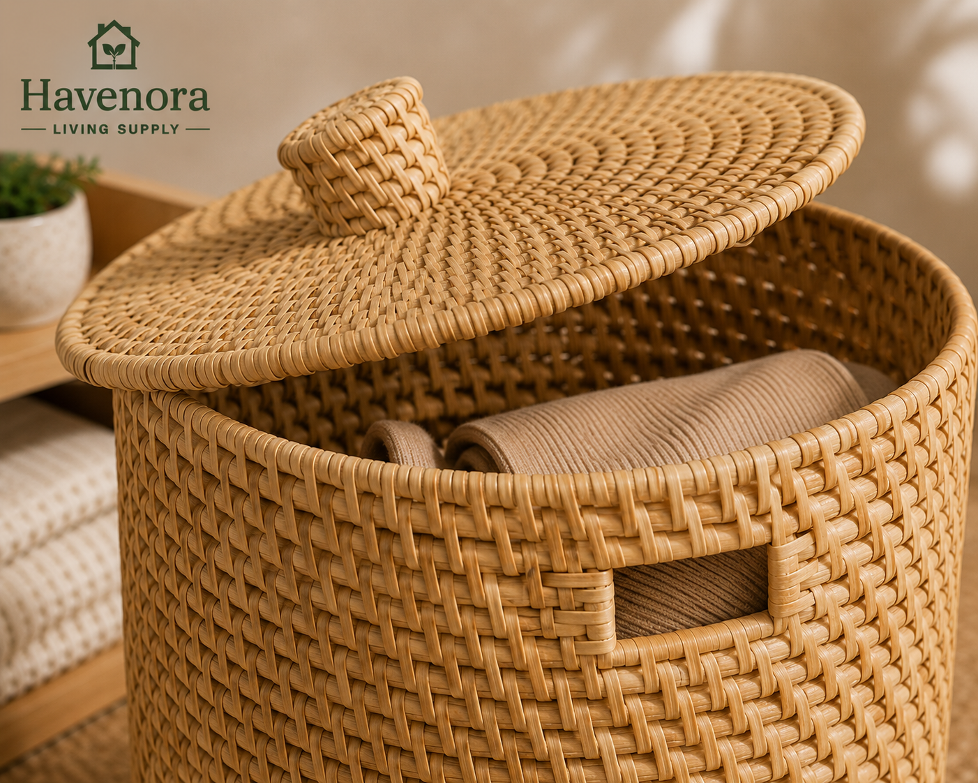 Natural Handwoven Rattan Storage Basket with Lid