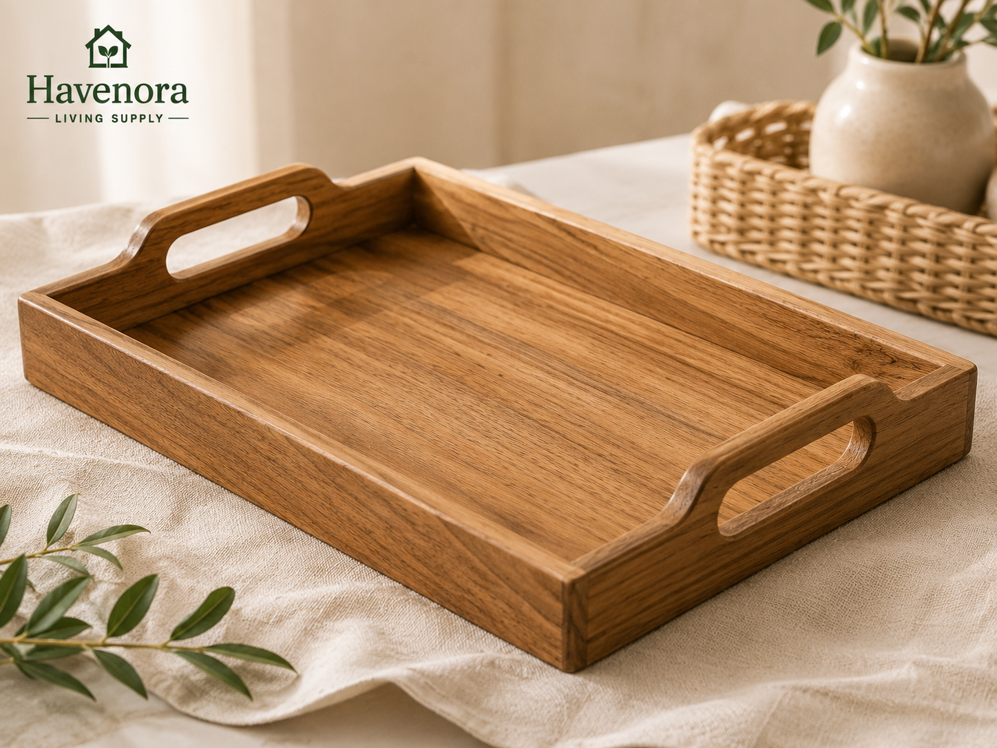 Natural Teak Wood Serving Tray with Raised Handles