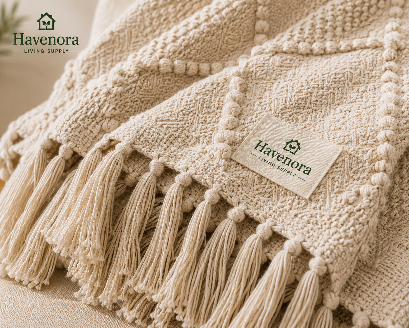 Textured Handwoven Cotton Throw Blanket with Tassels